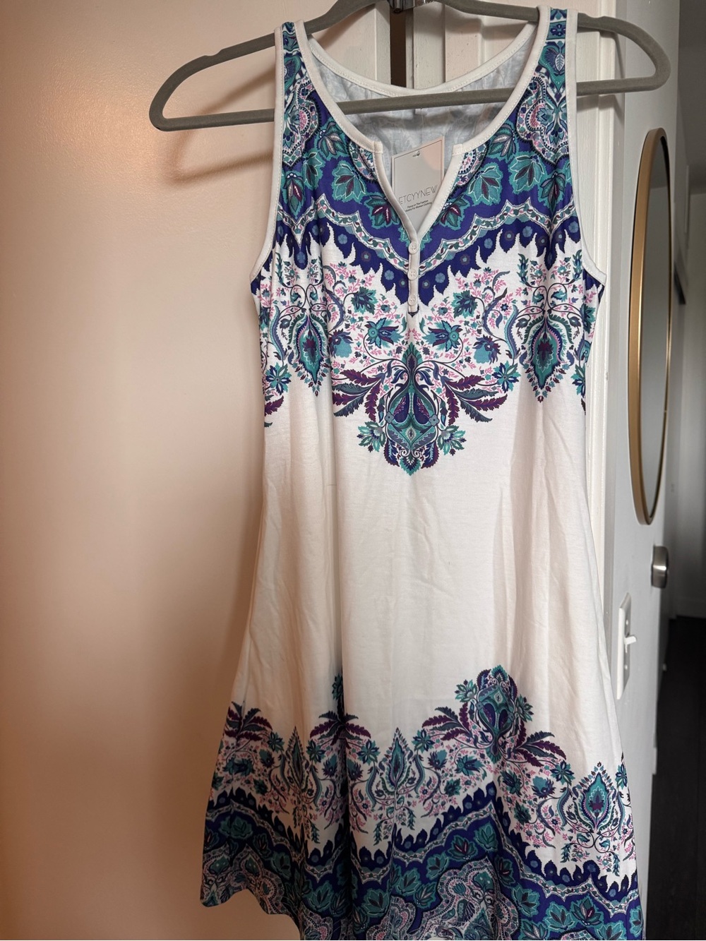 NWT- Sleeveless White Midi Dress with Blue & Teal Paisley Print